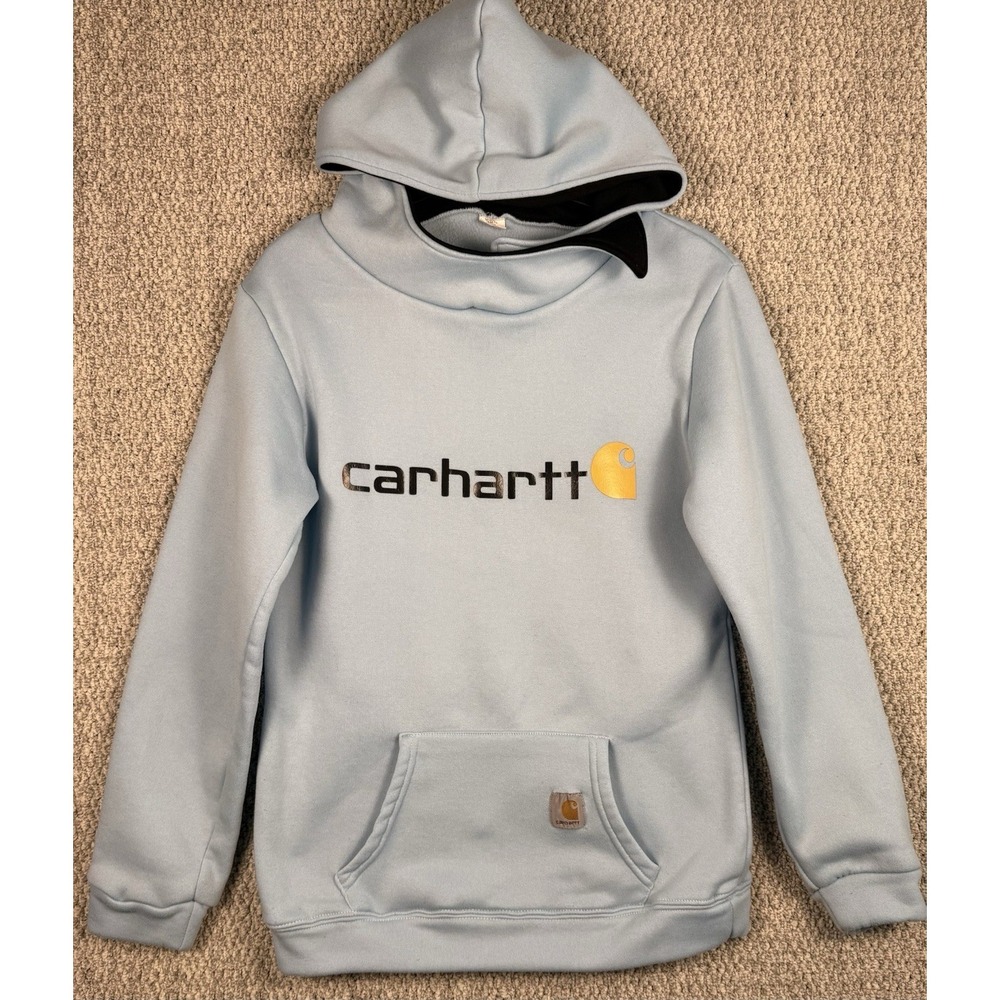 Carhartt Hoodie Sweatshirt Pullover Blue Logo Fleece Pocket Womens Medium